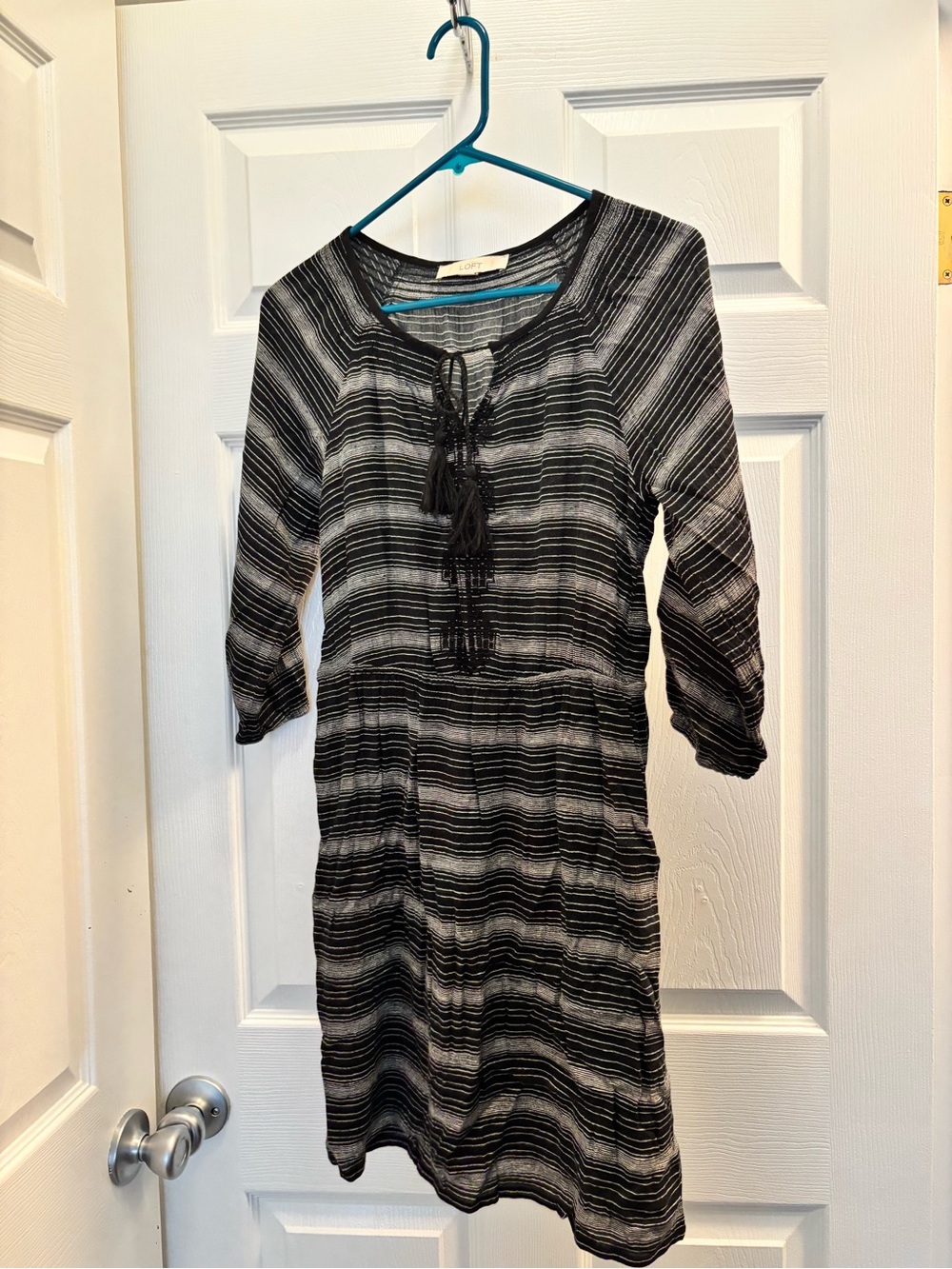 LOFT Black and Gray Striped Tie-Front 3/4 Sleeve Dress